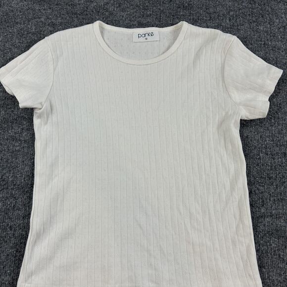 Parke Top Womens Medium Baby Tee White Ribbed Pointelle Knit Minimalist Comfy - Picture 3 of 10